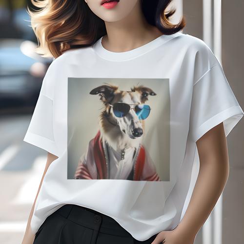 Tシャツ レディース 犬ファン 半袖 春夏 犬柄 プリント カジュアル かわいい 人間用 フィットネス ダンス サングラス ボルゾイ ジャケ..