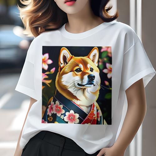 Tシャツ レディース 犬ファン 半袖 春夏 犬柄 プリント カジュアル かわいい 人間用 フィットネス ダンス 着物 柴犬 花 和風 Tシャツ レディース 犬ファン 半袖 春夏 犬柄 プリント カジュアル かわいい 人間用 フィットネス ダンス 着物 柴犬 花 和風