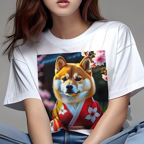Tシャツ レディース 犬ファン 半袖 春夏 犬柄 プリント カジュアル かわいい 人間用 フィットネス ダンス 桜 柴犬 着物 日本庭園