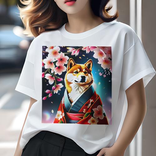 Tシャツ レディース 犬ファン 半袖 春夏 犬柄 プリント カジュアル かわいい 人間用 フィットネス ダンス 桜 柴犬 着物 和風 花 日本文化