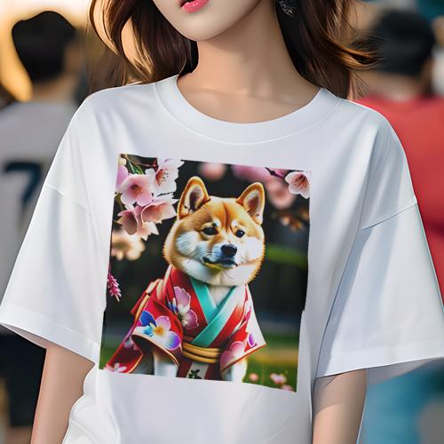 Tシャツ レディース 犬ファン 半袖 春夏 犬柄 プリント カジュアル かわいい 人間用 フィットネス ダンス 着物 柴犬 桜 和風(4)