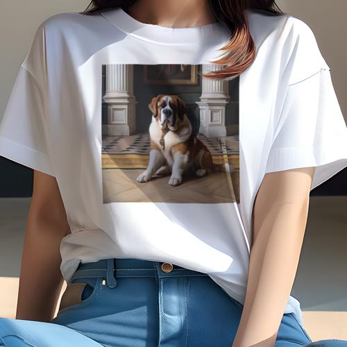 Tシャツ レディース 犬ファン 半袖 春夏 犬柄 プリント カジュアル かわいい 人間用 フィットネス ダンス 大理石の床 セントバーナード 柱 絵画 豪華なインテリア