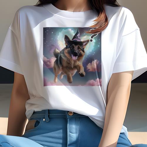 Tシャツ レディース 犬ファン 半袖 春夏 犬柄 プリント カジュアル かわいい 人間用 フィットネス ダンス 魔法の帽子 ジャーマンシェパード ハート 星 空 雲