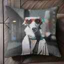 サングラス ボルゾイ コート スカーフ 白黒写真 クッションカバー 45×45cm アニマル柄 おしゃれ 可愛い クッション本体付き 正方形 犬ファン