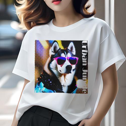 Tシャツ レディース 犬ファン 半袖 春夏 犬柄 プリント カジュアル かわいい 人間用 フィットネス ダンス サングラス シベリアンハスキー 派手 アーバンスタイル ポップアート