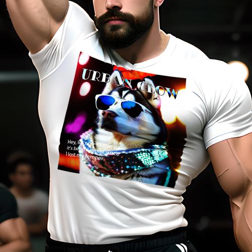 Tシャツ メンズ キッズ 犬ファン 半袖 春夏 犬柄 プリント カジュアル かわいい 人間用 フィットネス ダンス サングラス シベリアンハスキー ネオン スカーフ 夜景