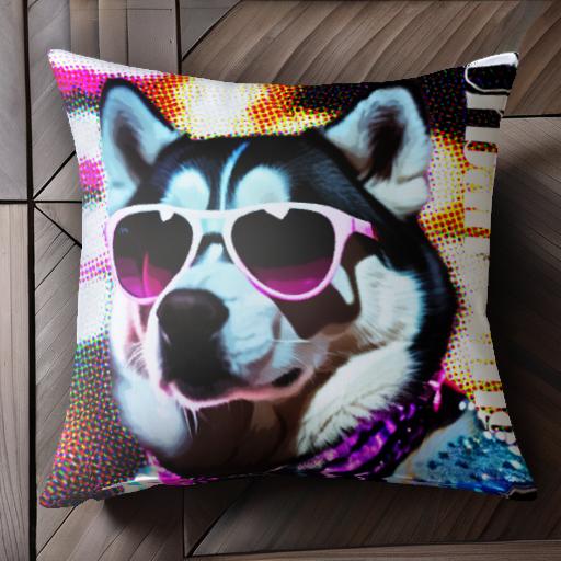 サングラス ハスキー カラー ビビッド 煌めき アーバン クッションカバー 45×45cm アニマル柄 おしゃれ 可愛い クッション本体付き 正方形 犬ファン