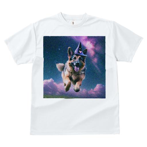 Tシャツ レディース 犬ファン 半袖 春夏 犬柄 プリント カジュアル かわいい 人間用 フィットネス ダンス 魔女の帽子 ジャーマンシェパード 星空 雲 ファンタジー