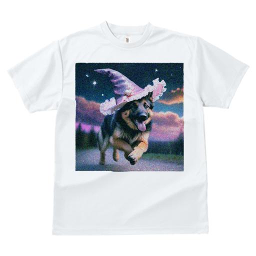 Tシャツ レディース 犬ファン 半袖 春夏 犬柄 プリント カジュアル かわいい 人間用 フィットネス ダンス 魔法の帽子 ジャーマンシェパード 夜 星 夕暮れ 森