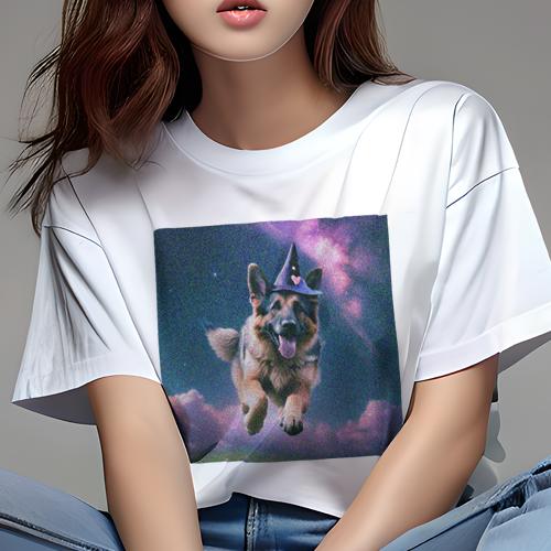 Tシャツ レディース 犬ファン 半袖 春夏 犬柄 プリント カジュアル かわいい 人間用 フィットネス ダンス 魔女の帽子 ジャーマンシェパード 星空 雲 ファンタジー