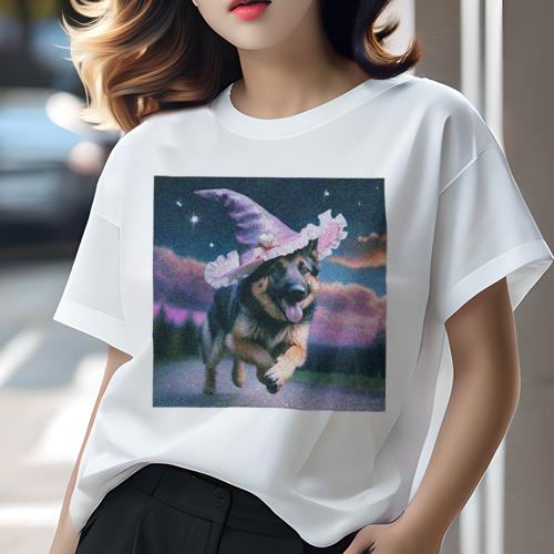 Tシャツ レディース 犬ファン 半袖 春夏 犬柄 プリント カジュアル かわいい 人間用 フィットネス ダンス 魔法の帽子 ジャーマンシェパード 夜 星 夕暮れ 森 Tシャツ レディース 犬ファン 半袖 春夏 犬柄 プリント カジュアル かわいい 人間用 フィットネス ダンス 魔法の帽子 ジャーマンシェパード 夜 星 夕暮れ 森