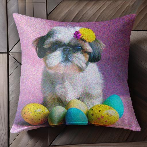 イースターエッグ シーズー ヘアアクセサリー ピンクの背景 クッションカバー 45×45cm アニマル柄 おし..