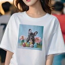 Tシャツ レディース 犬ファン 半袖 春夏 犬柄 プリント カジュアル かわいい 人間用 フィットネス ダンス 花 フレンチブルドッグ イースターエッグ 背景(4)