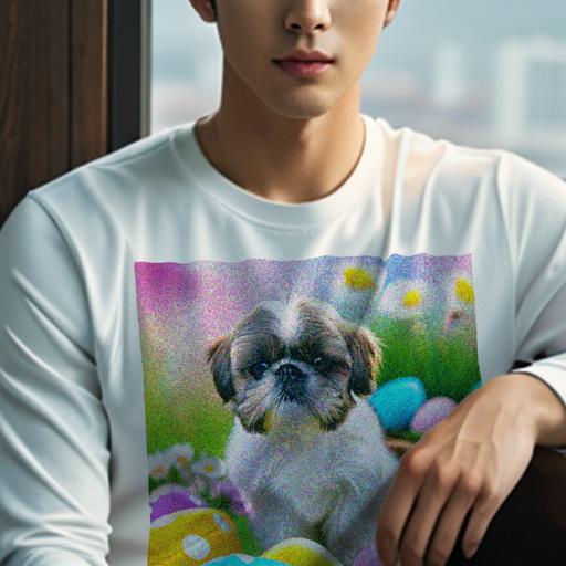 長袖Tシャツ 人間用 メンズ 秋春夏 プリント レジャー アウトドア カジュアル かわいい 犬ファン イースターエッグ シーズー 花 バスケット