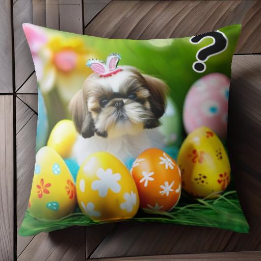 イースターエッグ シーズー 花 芝生 クッションカバー 45×45cm アニマル柄 おしゃれ 可愛い クッション本体付き 正方形 犬ファン