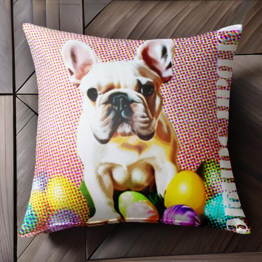 カラフルな卵 フレンチブルドッグ パステルカラー 背景ドットパターン クッションカバー 45×45cm アニ..
