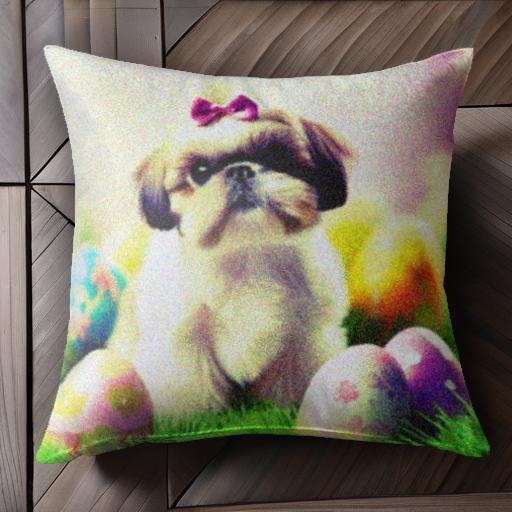 イースターエッグ シーズー リボン 緑の芝生 クッションカバー 45×45cm アニマル柄 おしゃれ 可愛い ク..