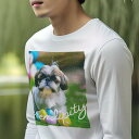 長袖Tシャツ 人間用 メンズ 秋春夏 プリント レジャー アウトドア カジュアル かわいい 犬ファン カラフルな卵 シーズー 芝生 セレンディピティ