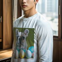 長袖Tシャツ 人間用 メンズ 秋春夏 プリント レジャー アウトドア カジュアル かわいい 犬ファン 卵 フレンチブルドッグ カラフル