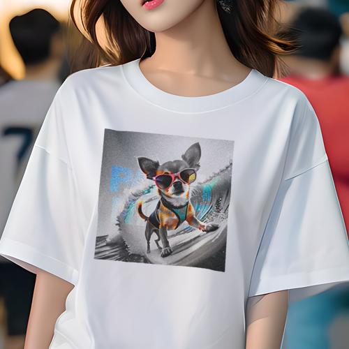 Tシャツ レディース 犬ファン 半袖 春夏 犬柄 プリント カジュアル かわいい 人間用 フィットネス ダンス サングラス チワワ サーフィン(4)
