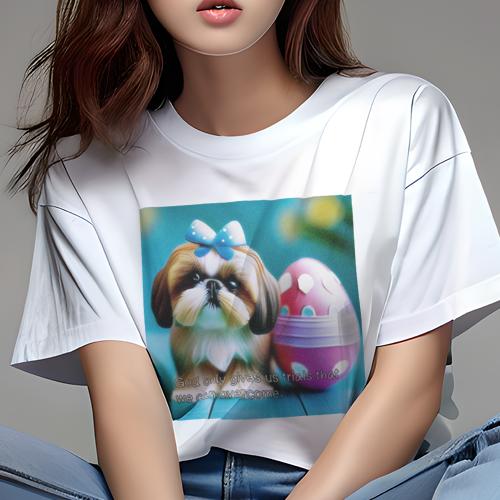 Tシャツ レディース 犬ファン 半袖 春夏 犬柄 プリント カジュアル かわいい 人間用 フィットネス ダンス リボン シーズー イースターエッグ 青い背景 Tシャツ レディース 犬ファン 半袖 春夏 犬柄 プリント カジュアル かわいい 人間用 フィットネス ダンス リボン シーズー イースターエッグ 青い背景