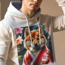 パーカー 人間用 メンズ 秋春夏 プリント レジャー ポケットレス プルオーバーパーカー カジュアル かわいい 犬ファン 着物 柴犬 桜 花