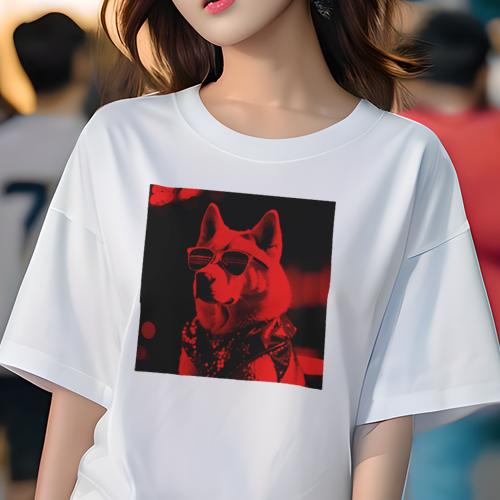 Tシャツ レディース 犬ファン 半袖 春夏 犬柄 プリント カジュアル かわいい 人間用 フィットネス ダンス サングラス その他 バンダナ レッドフィルター