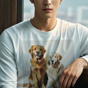 長袖Tシャツ 人間用 メンズ 秋春夏 プリント レジャー アウトドア カジュアル かわいい 犬ファン 笑顔 ゴールデンレトリバー 白背景 二匹の犬
