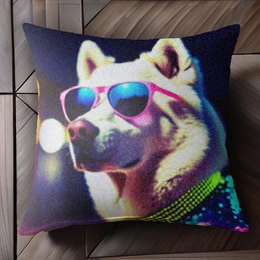 サングラス シベリアンハスキー ネオン 夜 ファッション ビーズ クッションカバー 45×45cm アニマル柄 ..