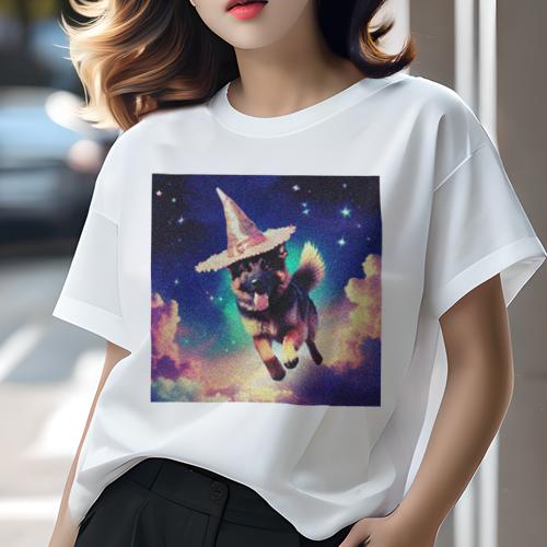 Tシャツ レディース 犬ファン 半袖 春夏 犬柄 プリント カジュアル かわいい 人間用 フィットネス ダンス 帽子 ジャーマンシェパードドッグ 空 星 雲
