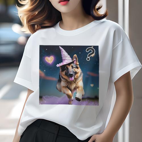 Tシャツ レディース 犬ファン 半袖 春夏 犬柄 プリント カジュアル かわいい 人間用 フィットネス ダンス 魔法の帽子 ジャーマンシェパードドッグ 星空 ハート 夜空