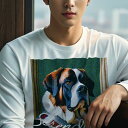 長袖Tシャツ 人間用 メンズ 秋春夏 プリント レジャー アウトドア カジュアル かわいい 犬ファン 肖像画 セントバーナード 絵画 芸術 額縁