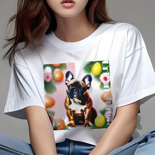 Tシャツ レディース 犬ファン 半袖 春夏 犬柄 プリント カジュアル かわいい 人間用 フィットネス ダンス 花 フレンチブルドッグ オレンジ 模様
