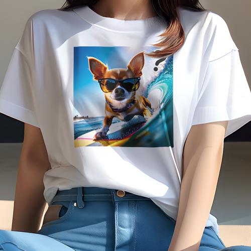 Tシャツ レディース 犬ファン 半袖 春夏 犬柄 プリント カジュアル かわいい 人間用 フィットネス ダンス サングラス チワワ サーフィン 波 ビーチ 青い空 Tシャツ レディース 犬ファン 半袖 春夏 犬柄 プリント カジュアル かわいい 人間用 フィットネス ダンス サングラス チワワ サーフィン 波 ビーチ 青い空