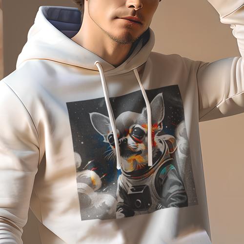 楽天フロントップ楽天市場店パーカー 人間用 メンズ 秋春夏 プリント レジャー ポケットレス プルオーバーパーカー カジュアル かわいい 犬ファン 宇宙服 チワワ 宇宙 黒と白