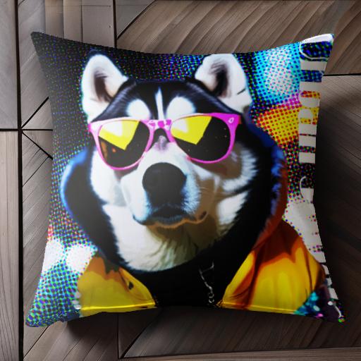 サングラス シベリアンハスキー ジャケット ドット柄 ファッション カラフル クッションカバー 45×45cm アニマル柄 おしゃれ 可愛い クッション本体付き 正方形 犬ファン