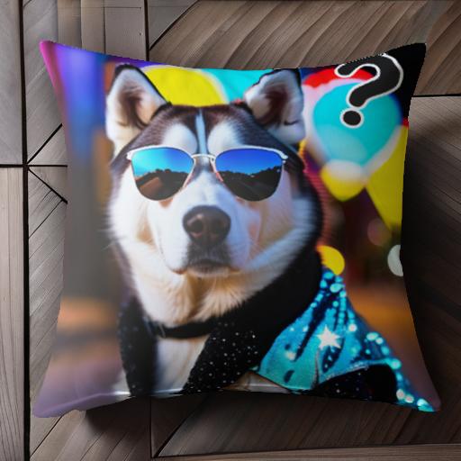 サングラス シベリアンハスキー ハート型風船 カラフルなライト 質問マーク キラキラジャケット クッションカバー 45×45cm アニマル柄 おしゃれ 可愛い クッション本体付き 正方形 犬ファン