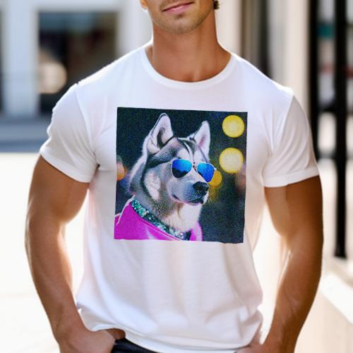 楽天フロントップ楽天市場店Tシャツ メンズ キッズ 犬ファン 半袖 春夏 犬柄 プリント カジュアル かわいい 人間用 フィットネス ダンス サングラス シベリアンハスキー キラキラ 夜景 ピンクの服