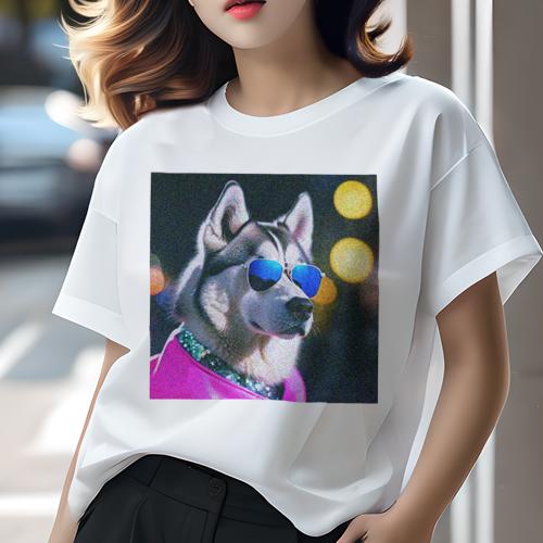 楽天フロントップ楽天市場店Tシャツ レディース 犬ファン 半袖 春夏 犬柄 プリント カジュアル かわいい 人間用 フィットネス ダンス サングラス シベリアンハスキー キラキラ 夜景 ピンクの服