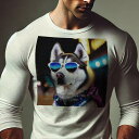 長袖Tシャツ 人間用 メンズ 秋春夏 プリント レジャー アウトドア カジュアル かわいい 犬ファン サングラス シベリアンハスキー 衣装 夜 テキスト