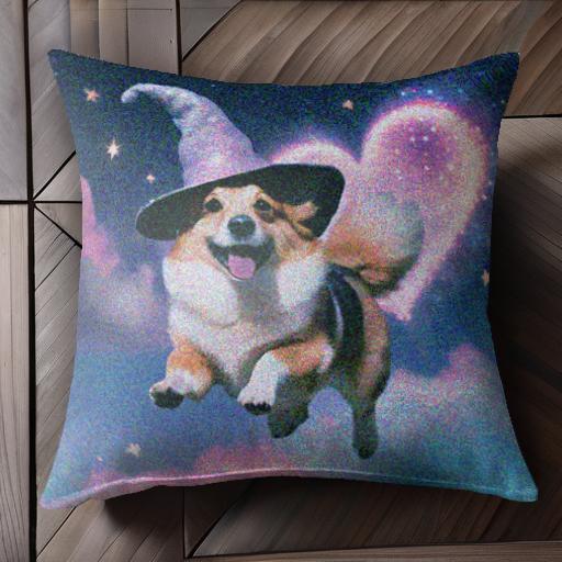 魔法の帽子 コーギー ハート 星空 雲 クッションカバー 45×45cm アニマル柄 おしゃれ 可愛い クッション本体付き 正方形 犬ファン