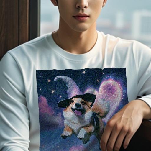 長袖Tシャツ 人間用 メンズ 秋春夏 プリント レジャー アウトドア カジュアル かわいい 犬ファン 魔法の帽子 コーギー ハート 星空 雲