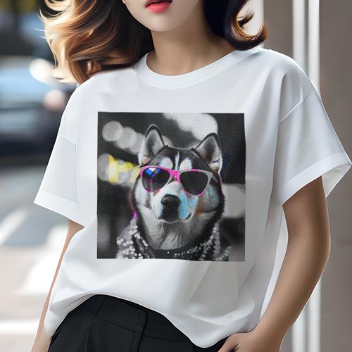 Tシャツ レディース 犬ファン 半袖 春夏 犬柄 プリント カジュアル かわいい 人間用 フィットネス ダンス サングラス シベリアンハスキー パーティー モノクロ Tシャツ レディース 犬ファン 半袖 春夏 犬柄 プリント カジュアル かわいい 人間用 フィットネス ダンス サングラス シベリアンハスキー パーティー モノクロ