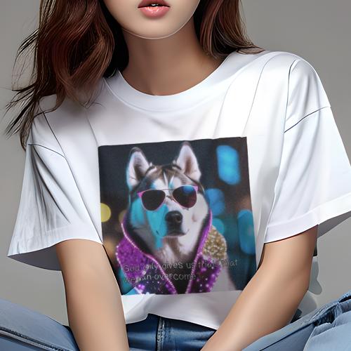 Tシャツ レディース 犬ファン 半袖 春夏 犬柄 プリント カジュアル かわいい 人間用 フィットネス ダンス サングラス シベリアンハスキー 輝くジャケット 夜の背景 Tシャツ レディース 犬ファン 半袖 春夏 犬柄 プリント カジュアル かわいい 人間用 フィットネス ダンス サングラス シベリアンハスキー 輝くジャケット 夜の背景