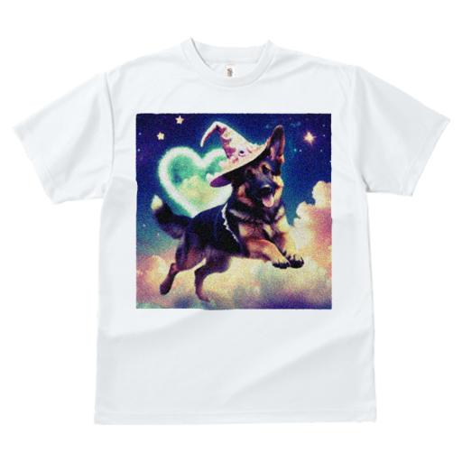 Tシャツ レディース 犬ファン 半袖 春夏 犬柄 プリント カジュアル かわいい 人間用 フィットネス ダンス 魔法の帽子 ジャーマンシェパードドッグ ハート 星 雲 夜空