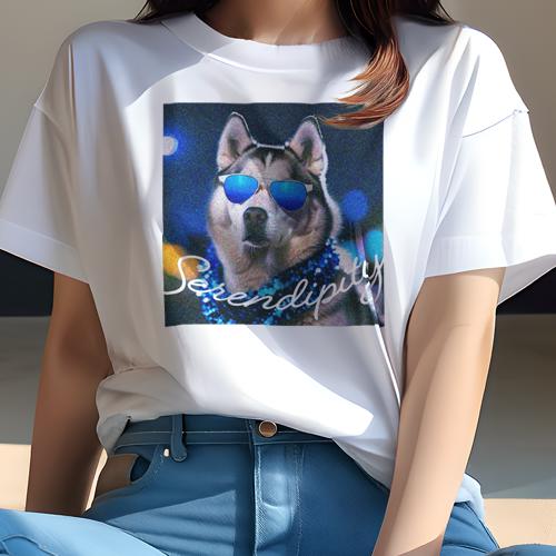 Tシャツ レディース 犬ファン 半袖 春夏 犬柄 プリント カジュアル かわいい 人間用 フィットネス ダンス サングラス シベリアンハスキー 花輪 青い光
