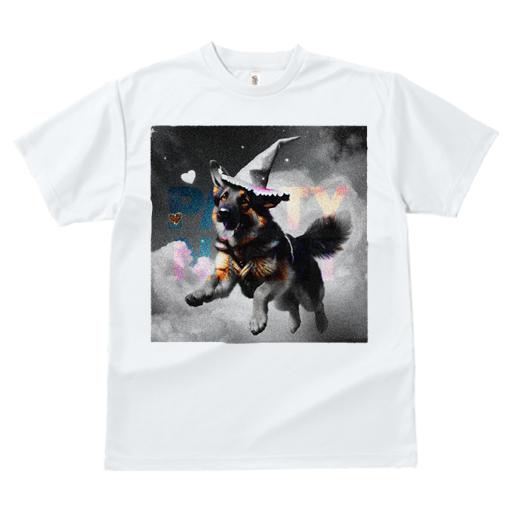 Tシャツ レディース 犬ファン 半袖 春夏 犬柄 プリント カジュアル かわいい 人間用 フィットネス ダンス 魔女の帽子 ジャーマンシェパード犬 星空 ハート PARTY