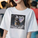 Tシャツ レディース 犬ファン 半袖 春夏 犬柄 プリント カジュアル かわいい 人間用 フィットネス ダンス 魔法の帽子 ジャーマンシェパードドッグ パーティーナイト ハート 雲 空(4)