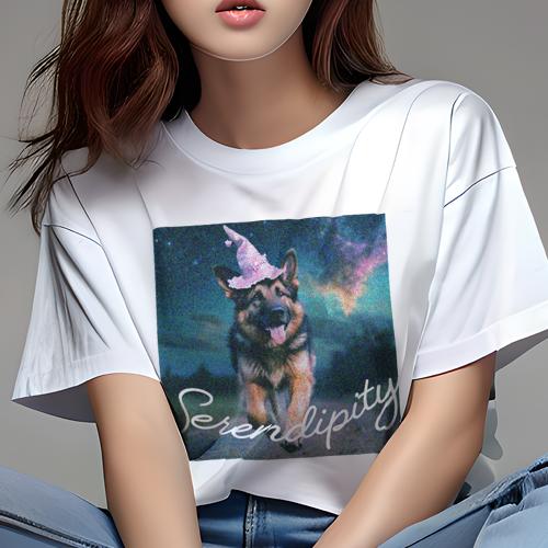Tシャツ レディース 犬ファン 半袖 春夏 犬柄 プリント カジュアル かわいい 人間用 フィットネス ダンス 魔法の帽子 ジャーマンシェパードドッグ 星 空 手書き文字 Serendipity