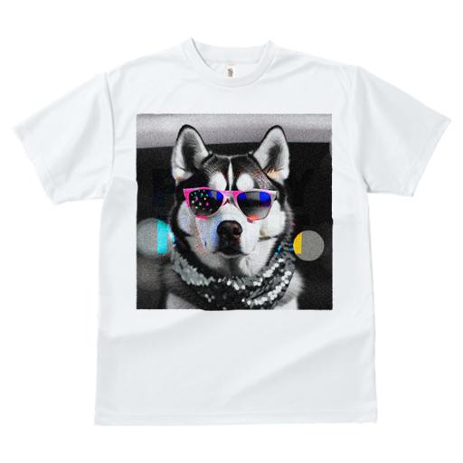 Tシャツ レディース 犬ファン 半袖 春夏 犬柄 プリント カジュアル かわいい 人間用 フィットネス ダンス メガネ シベリアンハスキー スカーフ モノクロ